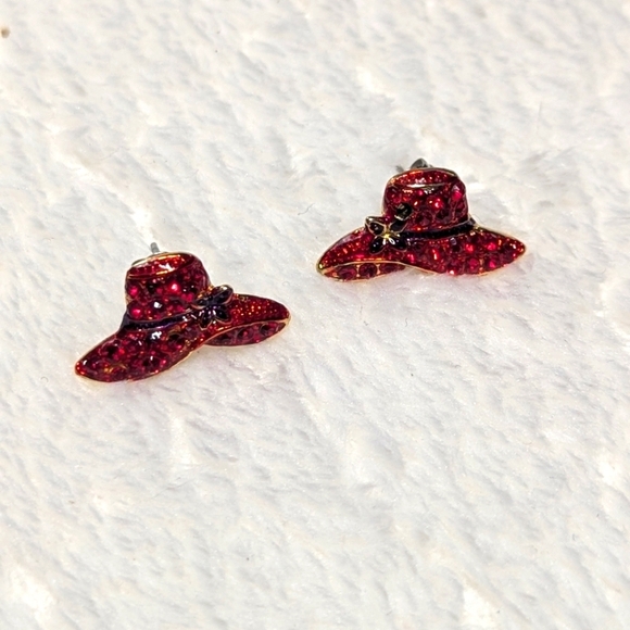 Vintage 1990's Red Hat Society Rhinestone Pierced Earrings - Picture 5 of 9